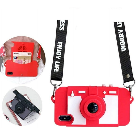 Camera Wallet Case Compatible with iPhone 11, Cute Cartoon Design, Purse Flip Card Pouch Cover Soft Silicone Case with Handstrap Long Shoulder Strap (Red, New iPhone 11)