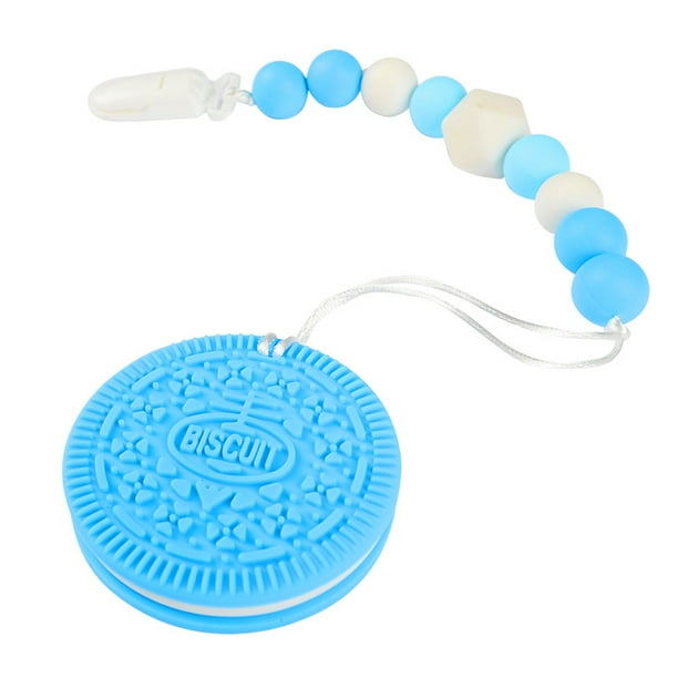 Juguetes para la dentición del bebé para bebés de 3 a 12 meses, mordedores de silicona con soporte para cuentas de alivio y clips para chupete, diseño de galletas para niños y niñas (azul) sincero electrónico