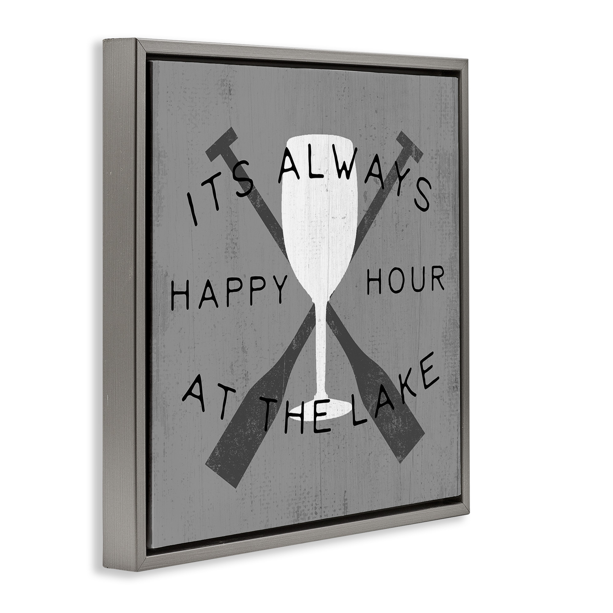 Stupell Industries Always Happy Hour At Lake Typography Painting Gray Floater Framed Canvas Art Print Wall Art, 18 x 18