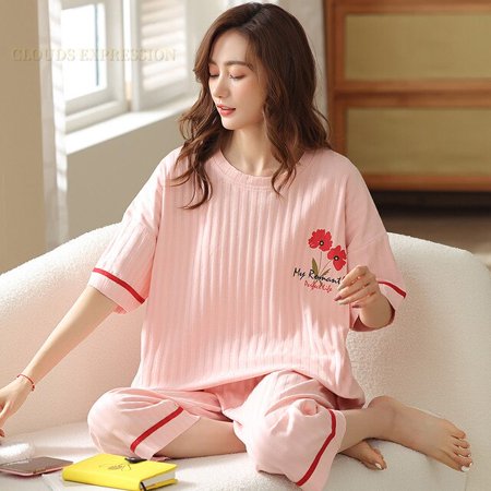 

QWZNDZGR Summer Knitted Cotton Floral Pajamas Set Women Pyjamas Elegant Sleepwear Nightwear Pijama Mujer Plus Size Calf-Length Pants Home