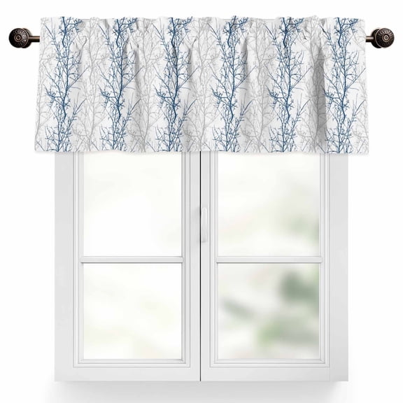 Navy Blue Valances for Windows, 60 x 18in, Grey Tree Branch Rod Pocket Kitchen Valance Curtain Light Filtering Window Treatments for Living Room Bedroom, 1 Panel