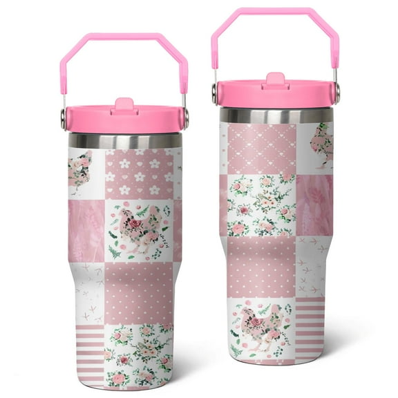 30oz Pioneer Pieced Patchwork Stainless Steel Tumbler with Top Handle,Bohemian Style Stitching Colorful Floral Travel Coffee Mug Flip Straw Cup,Gifts for Women Girls Men Adults（pink）