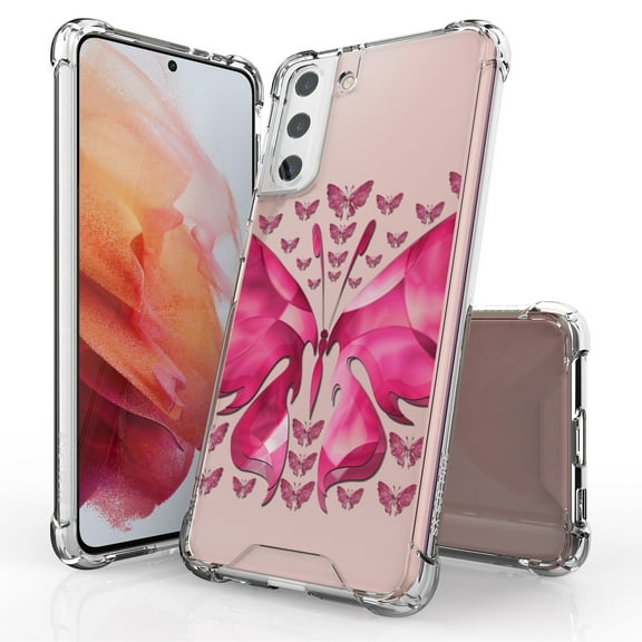 ANJ  Hybrid Slim Hard Back Cover Case Flexible Bumper for Samsung Galaxy S21 Plus - Hot Pink Butterfly