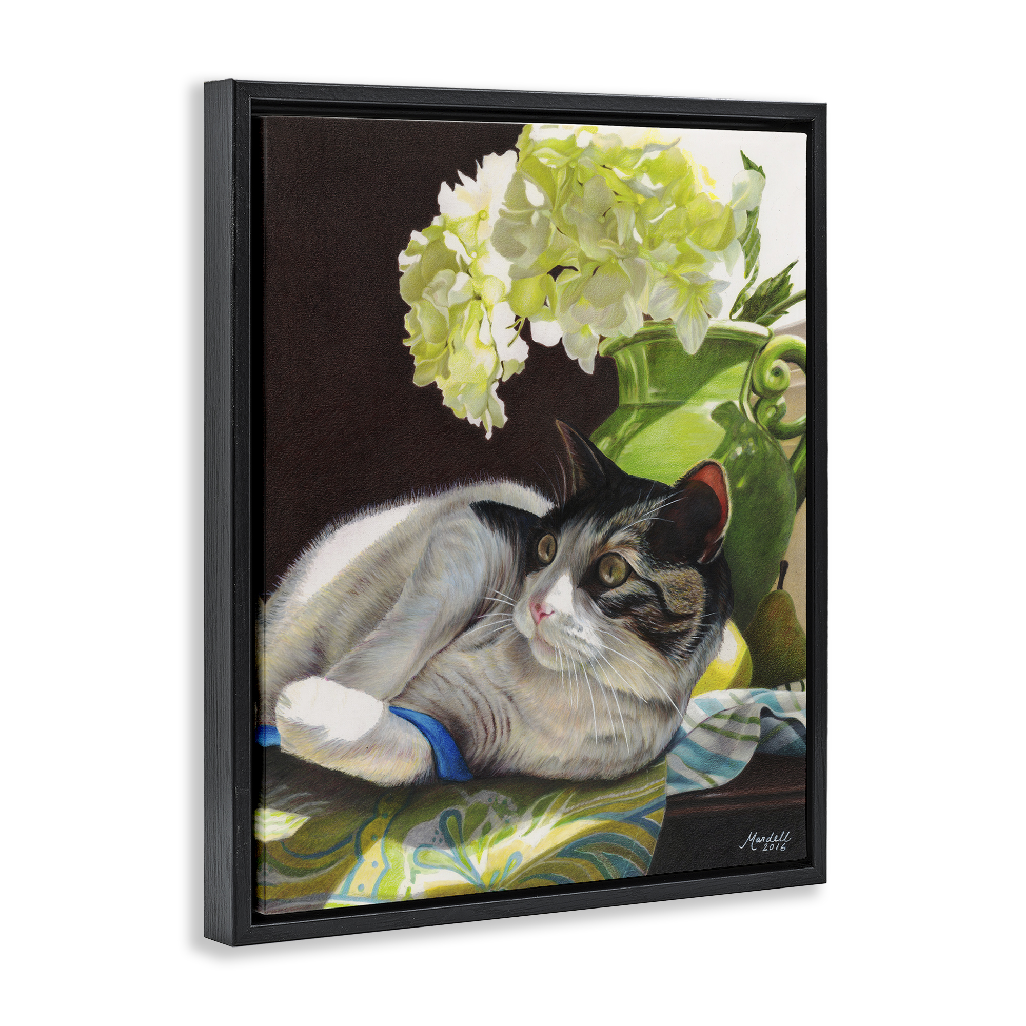 Stupell Industries Cat & Blue Ribbon Animals & Insects Painting Black Floater Framed Canvas Art Print Wall Art, 17 x 21