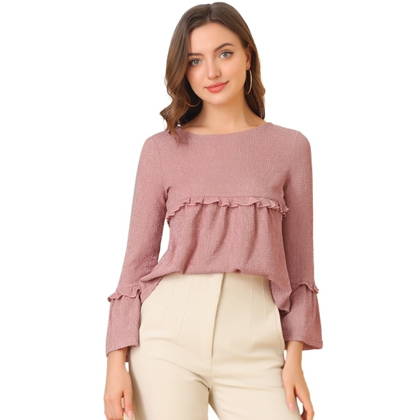 Blusa con dobladillo con volantes para mujer, cuello redondo con textura, cintura alta, campana, manga larga Rosa empolvado S