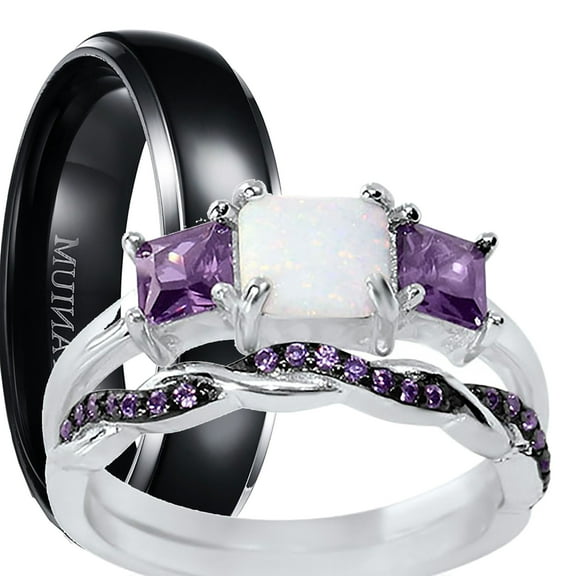 LaRaso & Co His Her Wedding Set 3 Piece Trio Opal Sterling Silver Black Titanium Wedding Band Set 5/9