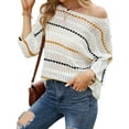 thumbnail image 4 of HUBERY Women Striped Color Block Hollow Out Knitted Crew Neck 3/4 Sleeve Top, 4 of 7