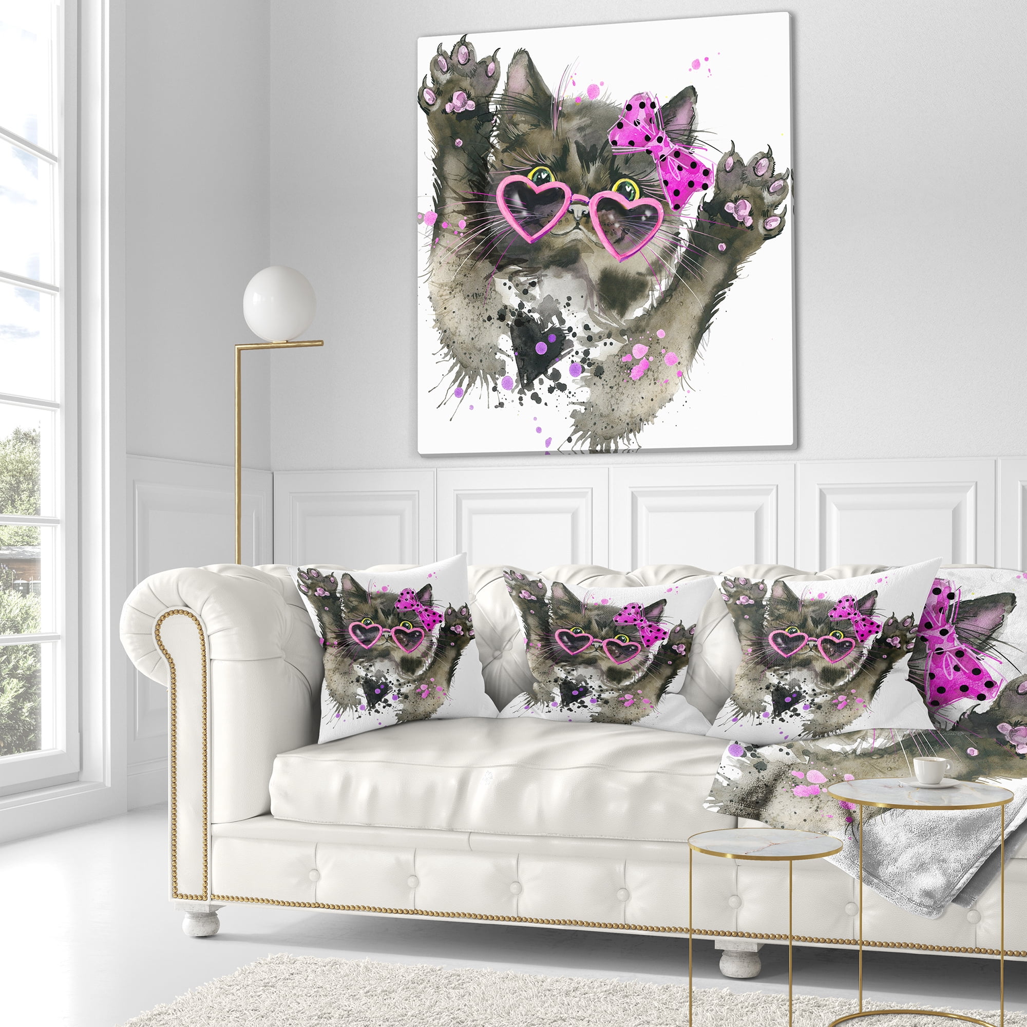 Designart Funny Black Cat Illustration - Animal Throw Pillow - 18x18