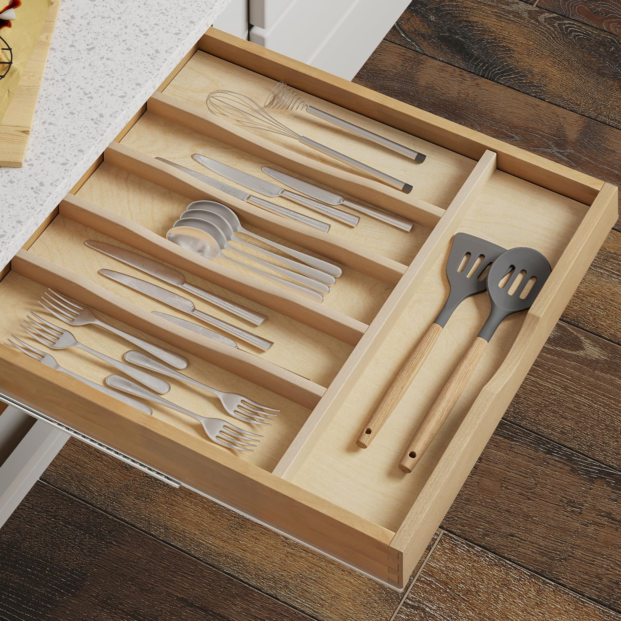 6 Slot 20"x19" Silverware/Flatware Drawer Organizer Tray with Divider, Utensil Drawer Organizer, Cutlery Tray Organizer, Tool Drawer/Junk Drawer Organizer (Natural Wood)