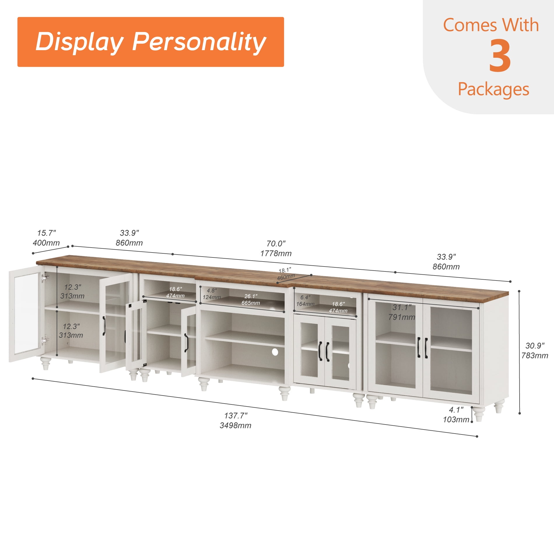 WAMPAT Large TV Stand for 100 Inch TV, TV Console Table with Glass Door Cabinet for Living Room, Off White