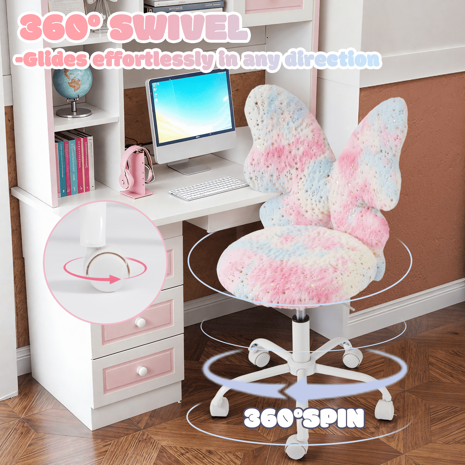 Kids Desk Chair with Butterfly Back, Adorable Fluffy Wheeled Desk Chair for Girls, Faux Fur Adjustable Height Swivel Vanity Chair for Kids Bedrooms and Reading Rooms,Colorful Pink