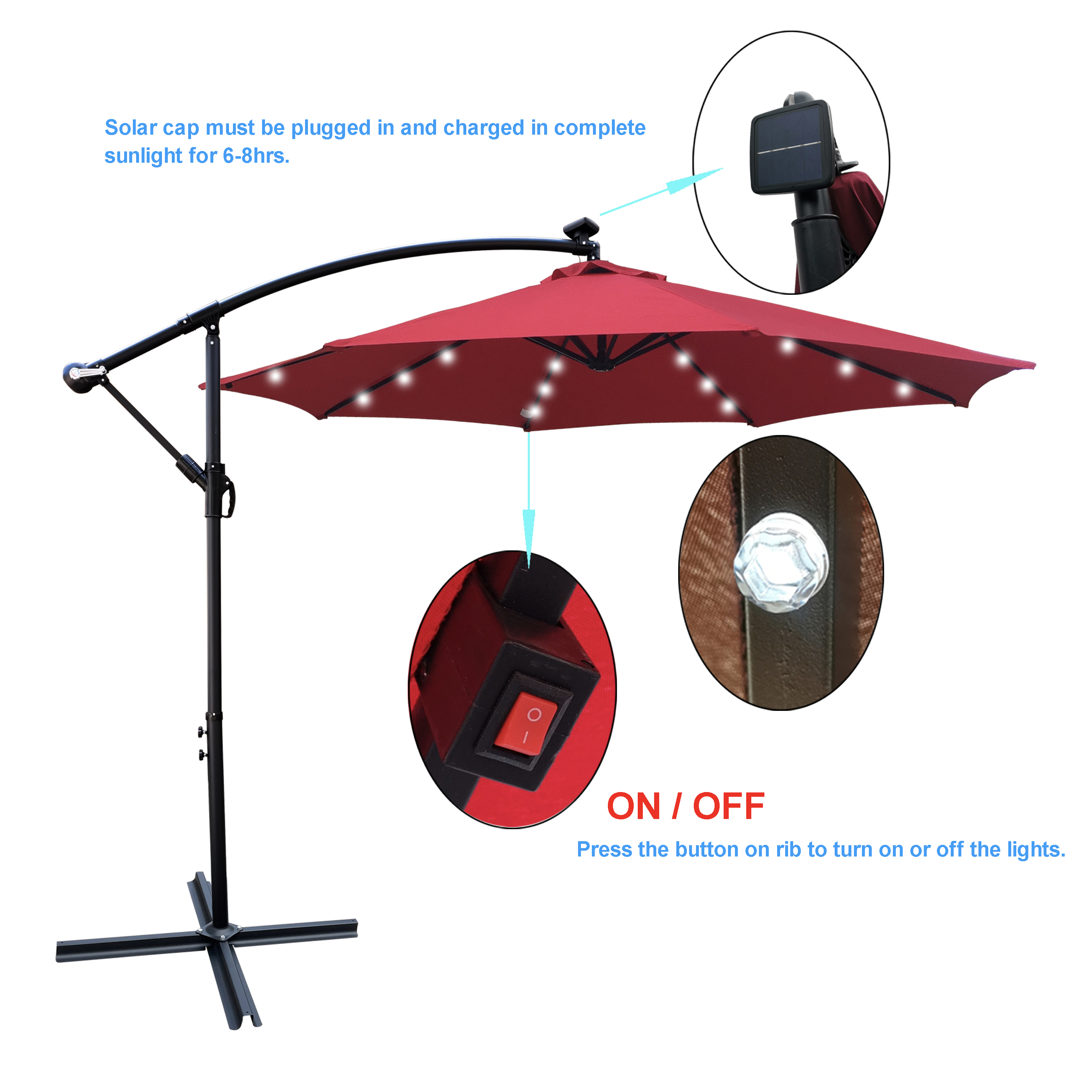 10 FT Round Outdoor Patio Umbrella, Solar LED Lighted Waterproof Sun Shade Umbrella with Stable Base, Red