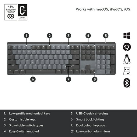 Logitech - MX Mechanical Full size Wireless Mechanical Tactile Switch Keyboard for Windows/macOS with Backlit Keys - Graphite
