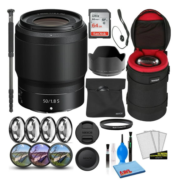 Nikon NIKKOR Z 50mm F/1.8 S Prime Lens (20083) Bundle with 64GB Ultra SDHC Memory Card   Padded Lens Case   70-Inch Pro Monopod   8-Piece Filter Kit (Macro, UV, CPL, FLD)