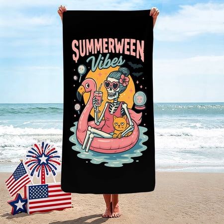 Summerween Vibes Beach Towel, Pastel Goth Spooky Cute Halloween Towel, Soft Travel Towel for Pool, Beach & Summer Vacation, 31 x 71 Inch