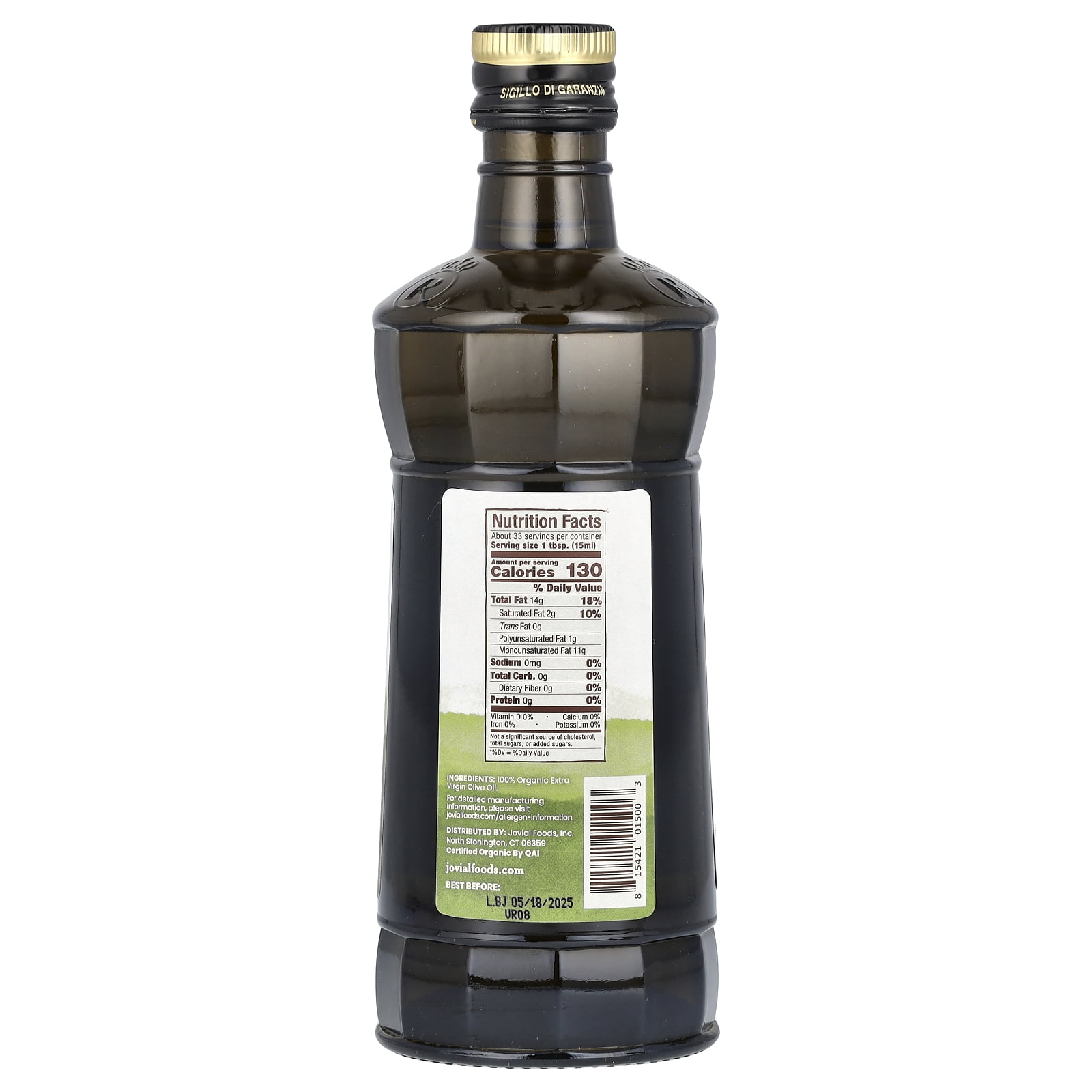 Jovial 100% Organic Extra Virgin Olive Oil, 16.9 fl oz (500 ml)
