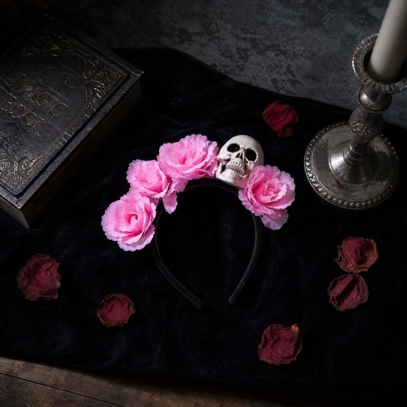 Festive Dress Up Headwear, Halloween Party Decor, Halloween Party, Plastic Skeleton, 8 Inch Pink Rose Skull Band for Adult and Teen Halloween Styling and Event Atmosphere Boosting