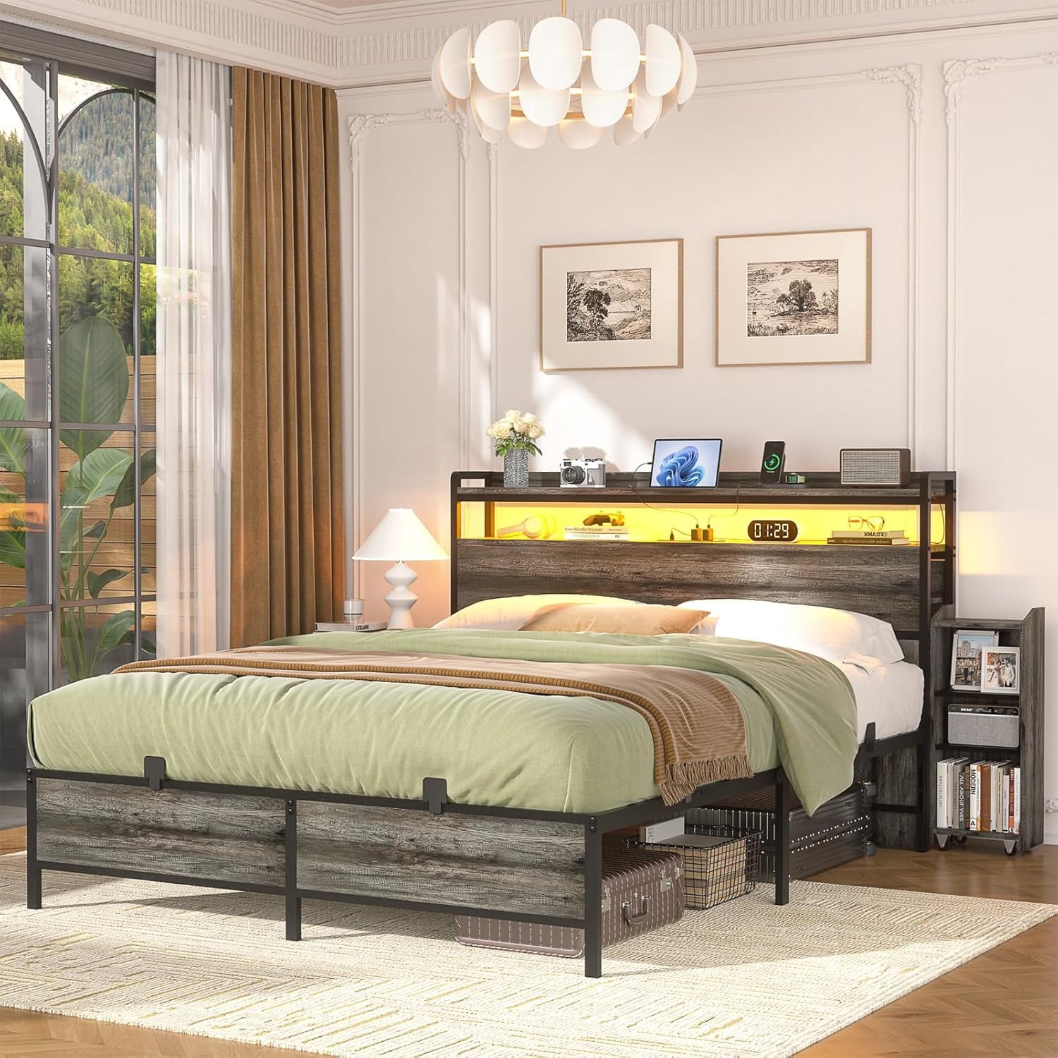Homieasy Full Size Bed Frame with Headboard & Dual Side Slide Storage Cabinet, Full Bed with Power Outlets & LED Lights, Heavy Duty Platform Metal Bed Frame, Noise Free, Black Oak