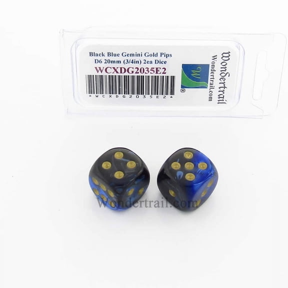 Black and Blue Gemini Dice with Gold Pips 20mm (3/4in) D6 Pack of 2 Wondertrail