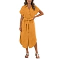 thumbnail image 2 of Purcolt Women's Elegant Button down Belted Midi Dress Summer Casual Rolled Short Sleeve V Neck Business Work Office Shirt Dresses with Pockets, 2 of 9