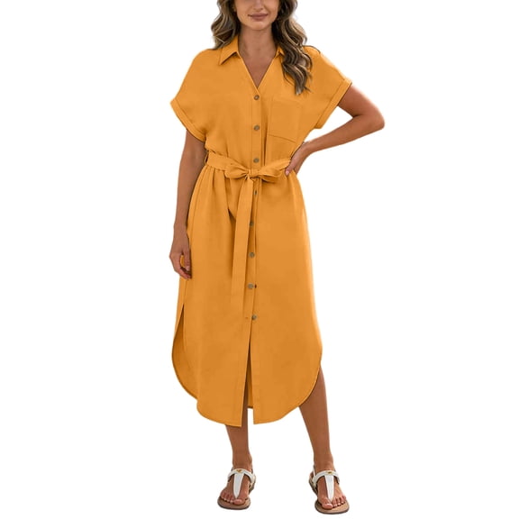 Kezqiaxn Sundresses for Women Drawstring Short Sleeve Collared Button Down Dress Plus Size Summer Dresses Fashion Clothing