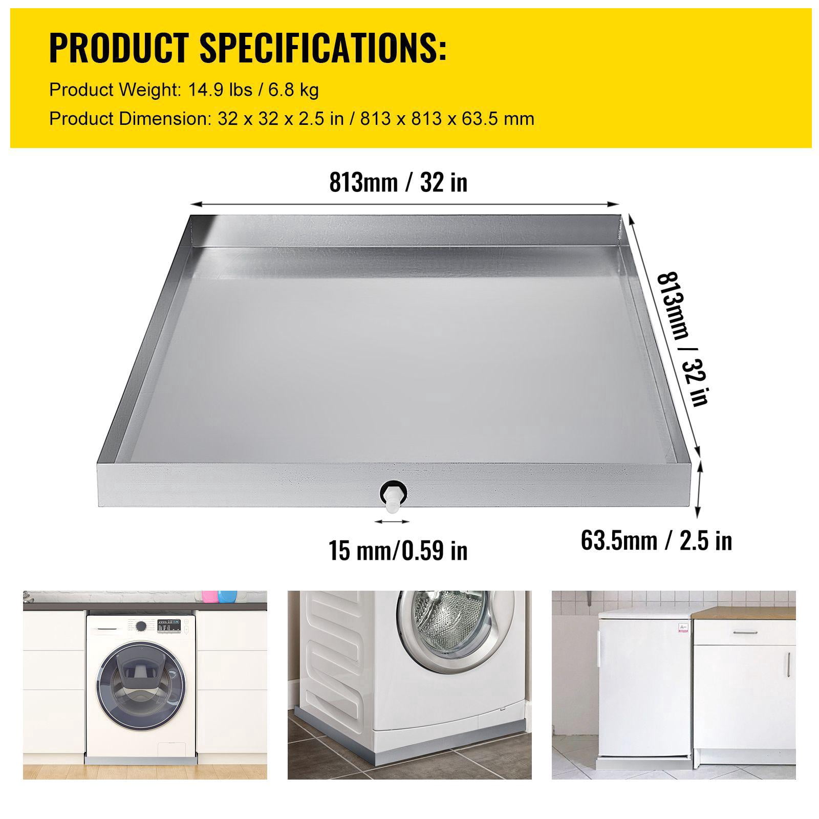 32 x 32 x 2.5 Inch 18 GA 304 Stainless Steel Heavy Duty Washing Machine Drip Tray with Drain Hole and Hose Connector