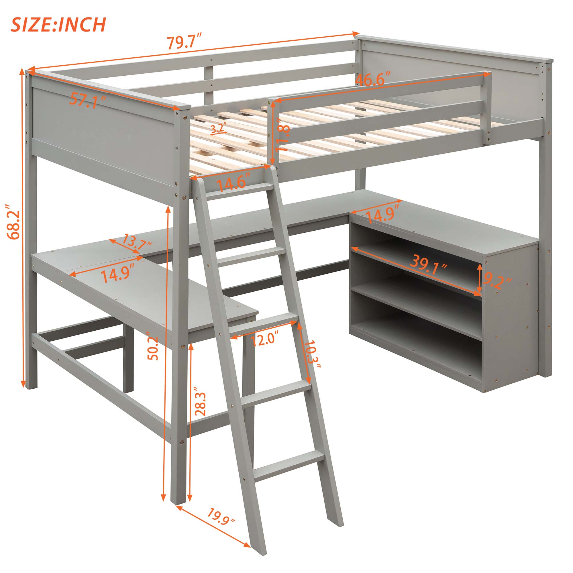 Aukfa Full Size Loft Bed with Desk and Shelves, Solid Wood Platform Loft Bed for Kids Teens Dorm - Gray