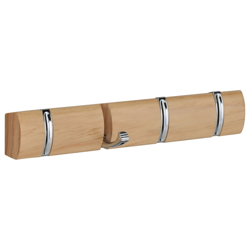 Aldis Oak Wood & Brass Wall Mounted Cloth Rack, 4 Flip Hooks, Modern