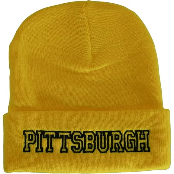 Pittsburgh City Name Cuffed Winter Knit Beanie Toboggan Hat (Gold/Black)