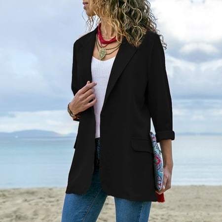 Women Solid Blazer Notched Lapel Collar Open Front Long Sleeves Office Casual Business Suit Thin Overcoat Outwear