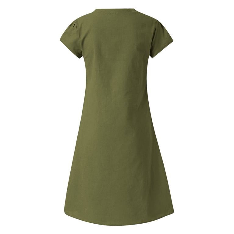 Yteetum Army Green Dresses for Women Summer Fashion Solid Color Loose  Fitting Cotton Linen Dress Comfortable V-neck Knee Length Casual Loungewear  Ladies Dresses L - Walmart.com