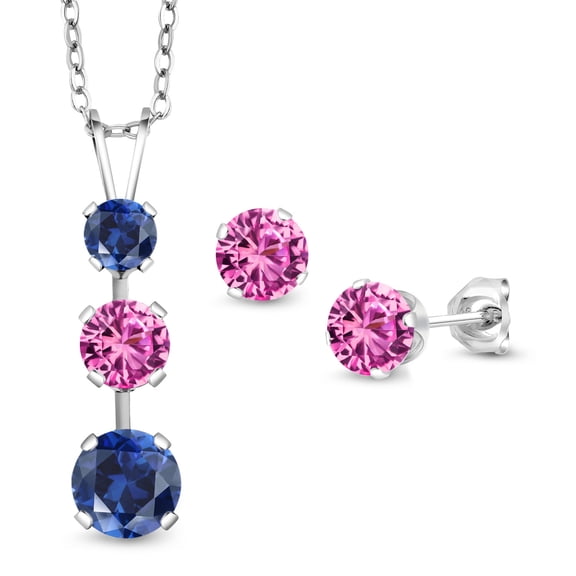 Gem Stone King 925 Sterling Silver Blue Created Sapphire and Pink Created Sapphire Pendant and Earrings Jewelry Set for Women (2.90 Cttw, Gemstone September Birthstone, with 18 inch Chain)