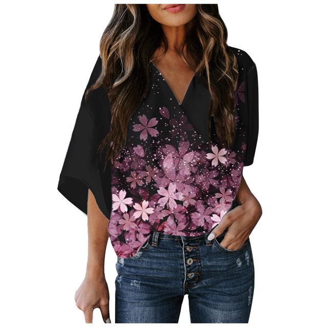 Camiseta de blusa estampada de manga media con cuello en V informal de verano para mujer Pompotops hkajfhjk471461