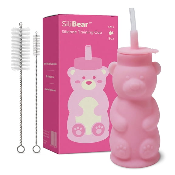 Silipint Honey Bear Straw Cup for Babies - Soft Food-Grade Silicone, Gentle Straw Lid, Dishwasher Safe, Lightweight & Easy Grip, Ages 4 Months, 8oz Sippy Cup, Pink