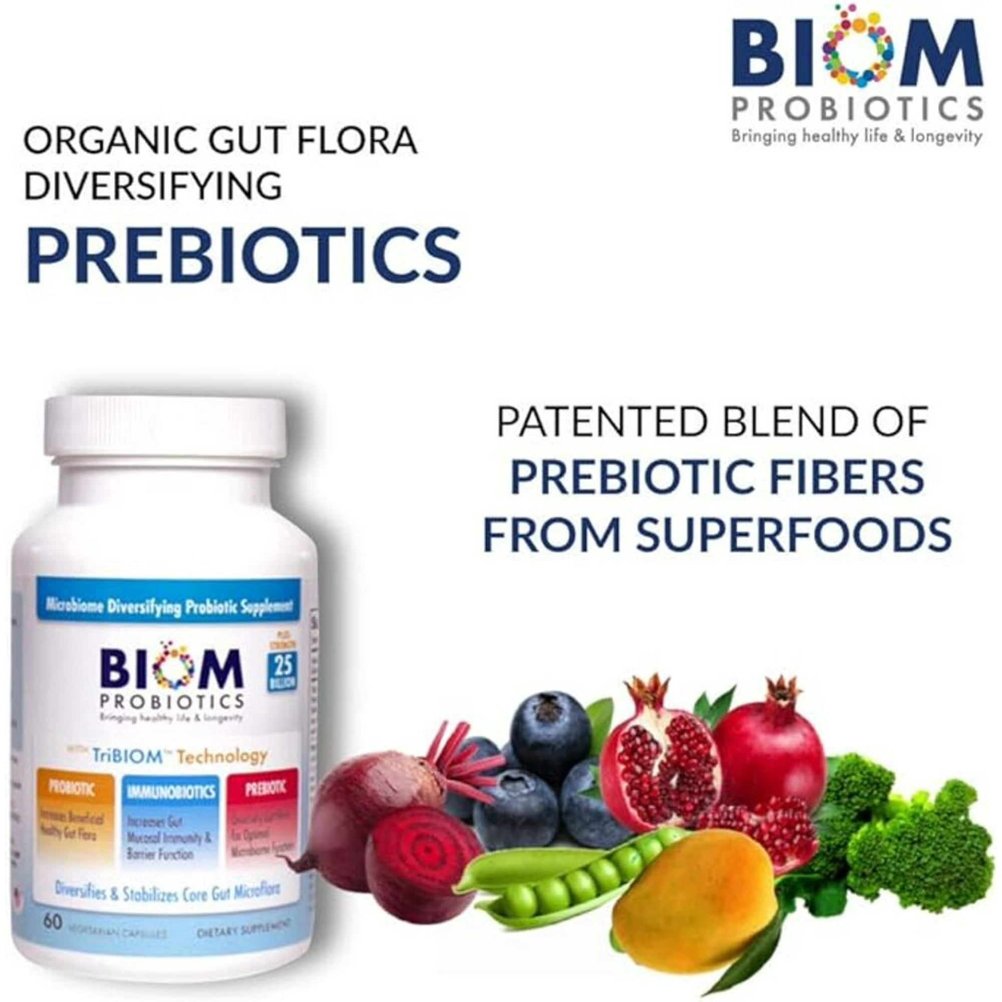 Biom Probiotics 3-in-1 Formula Cold Shipped with 25 Billion Flora for Adults, Immune Support, 60ct