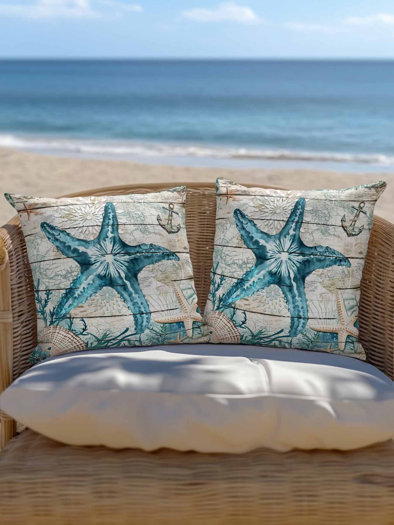 Outdoor Pillows Waterproof, Teal Starfish Coastal Bedding Throw Pillows with Insert for Couch Sofa Bed, Summer Beach Nautical Retro 18x18 Inch Pillowcases Decorative Camping Patio Pillow Set of 1
