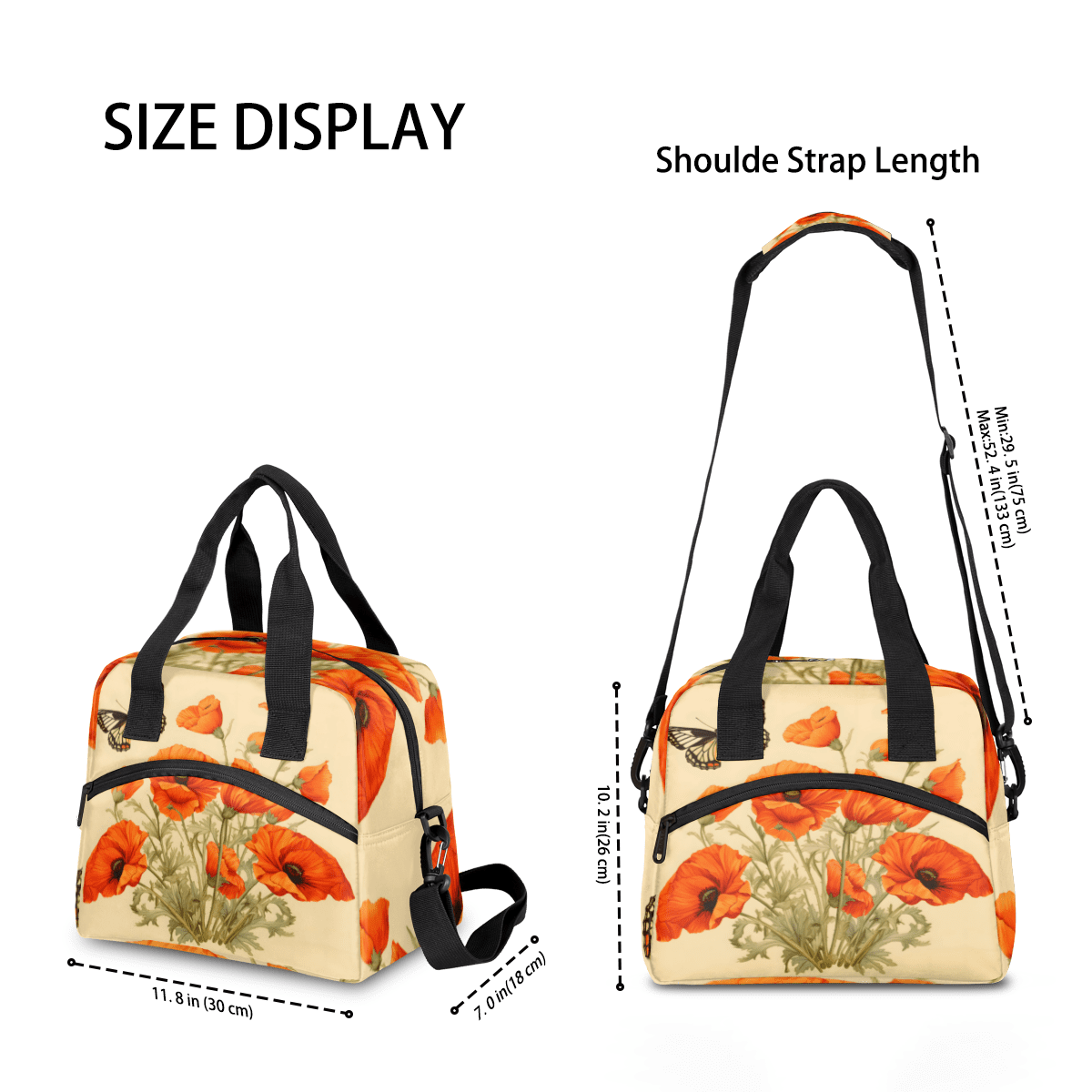 Herdesigns Butterflies Poppy Flowers Insulated Lunch Bag for Women Men Adults Large Reusable Lunch Box Leakproof Portable Cooler Tote Bags with Adjustable Shoulder Strap