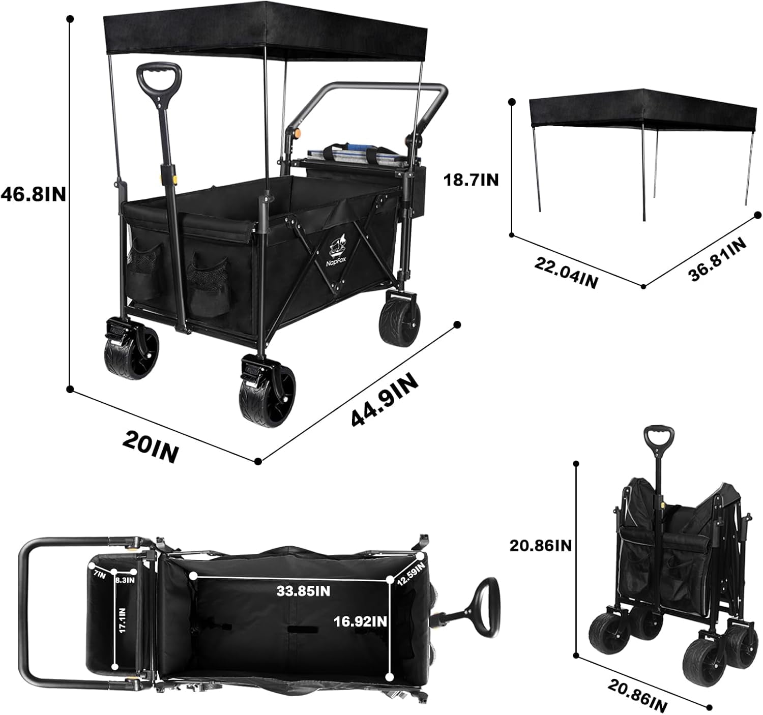 Collapsible Wagon Heavy Duty Folding Wagon Cart with Removable Canopy, 4" Wide Large All Terrain Wheels, Brake, Adjustable Handles, Cooler Bag Utility Carts for Outdoor Garden