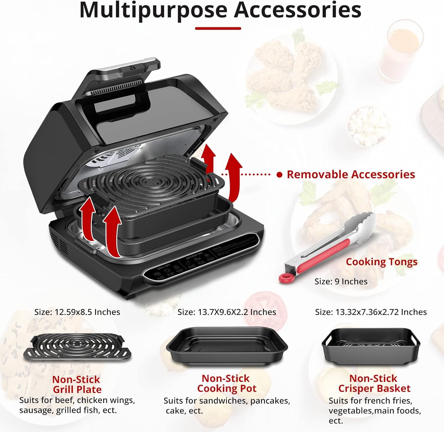 M optimized Indoor Grill Air Fryer Combo w/ See-Through Window, 7 in 1 Smokeless Electric Air Grill Up to 450°F, 1750W Contact Grill w/ Non-Stick Removable Plates, Even Heat, Silicon Tongs, 4Qt, Black