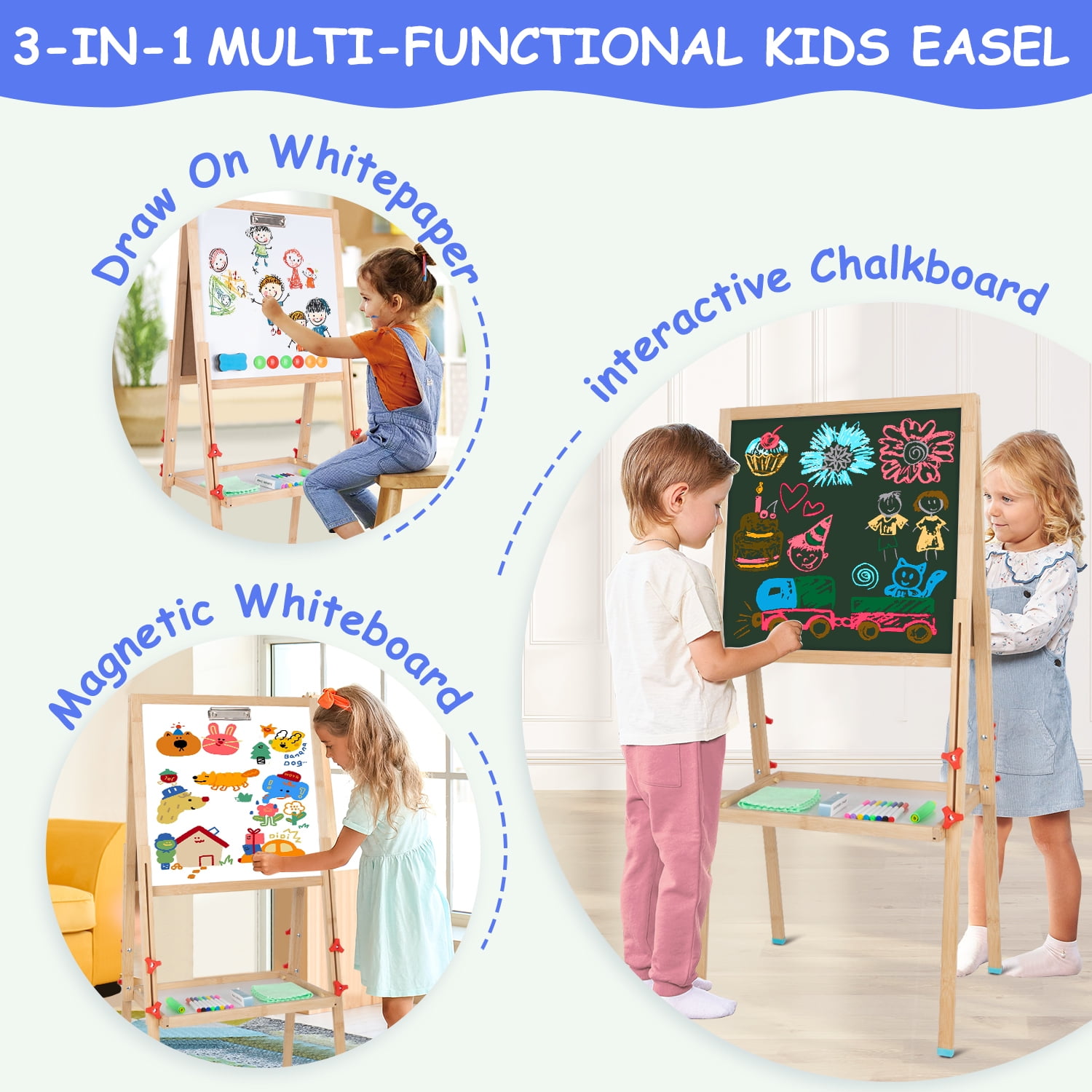 Xueyu 39" - 47.43" Adjustable Bamboo Children's Art Easel with Whiteboard, Chalkboard, Accessories and Tray