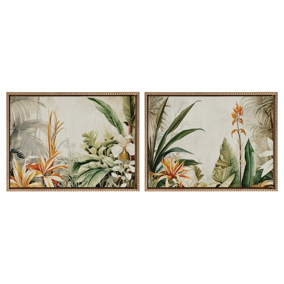 Kate and Laurel Sylvie Beaded Retro Jungle Botanical 1 and 2 Vintage Framed Canvas Wall Art Set by The Creative Bunch Studio, 2 Piece Set 18x24 Gold, Safari Jungle Art for Wall
