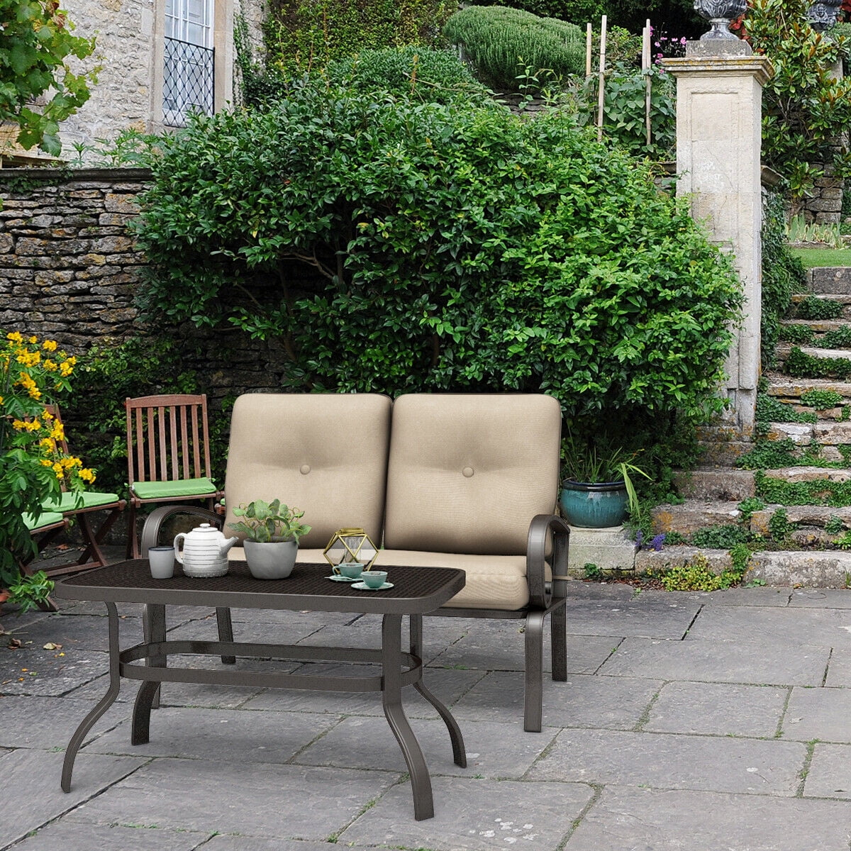 Costway 2 Pcs Patio Outdoor LoveSeat Coffee Table Set Furniture Bench With Cushion