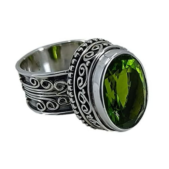 Peridot Quartz Oval 925 Sterling Silver Handmade Statement Green Gemstone Women Ring Size 9.0