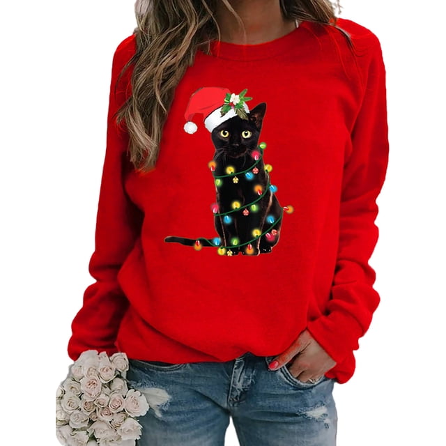 MAWCLOS Chandail en Molleton Femme Imprimé Chat Chandails en Molleton de Noël Manches Longues Chandail de Noël Ample Col Rond Rouge P