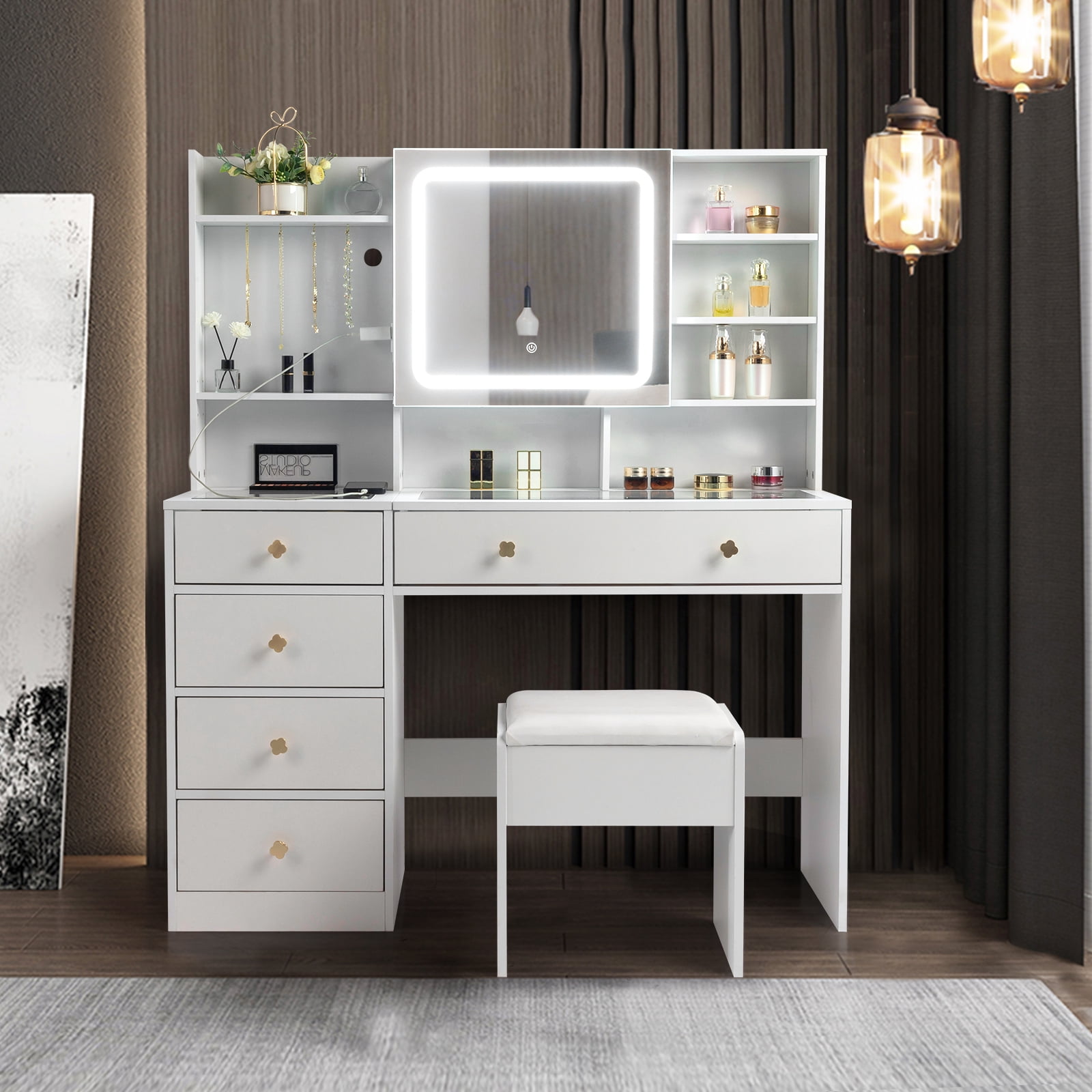 Zimtown 47" Vanity Desk with Charging Station, Makeup Table with 5 Drawers, Built-in Storage Shelves and 3 Color Lights, Dressing Table Set, White