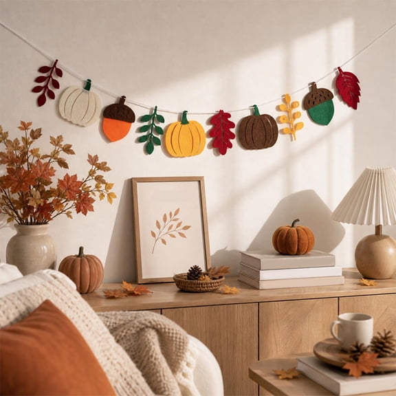 Bwomeauty Fall Decor, 2PC Fall Pumpkin Leaf Garland Crop Nut Cut Out Fabric String Year-round Hanging Ornament For Thanksgiving Halloween Fireplace Mantel Fall Home Party Layout, Family Gifts