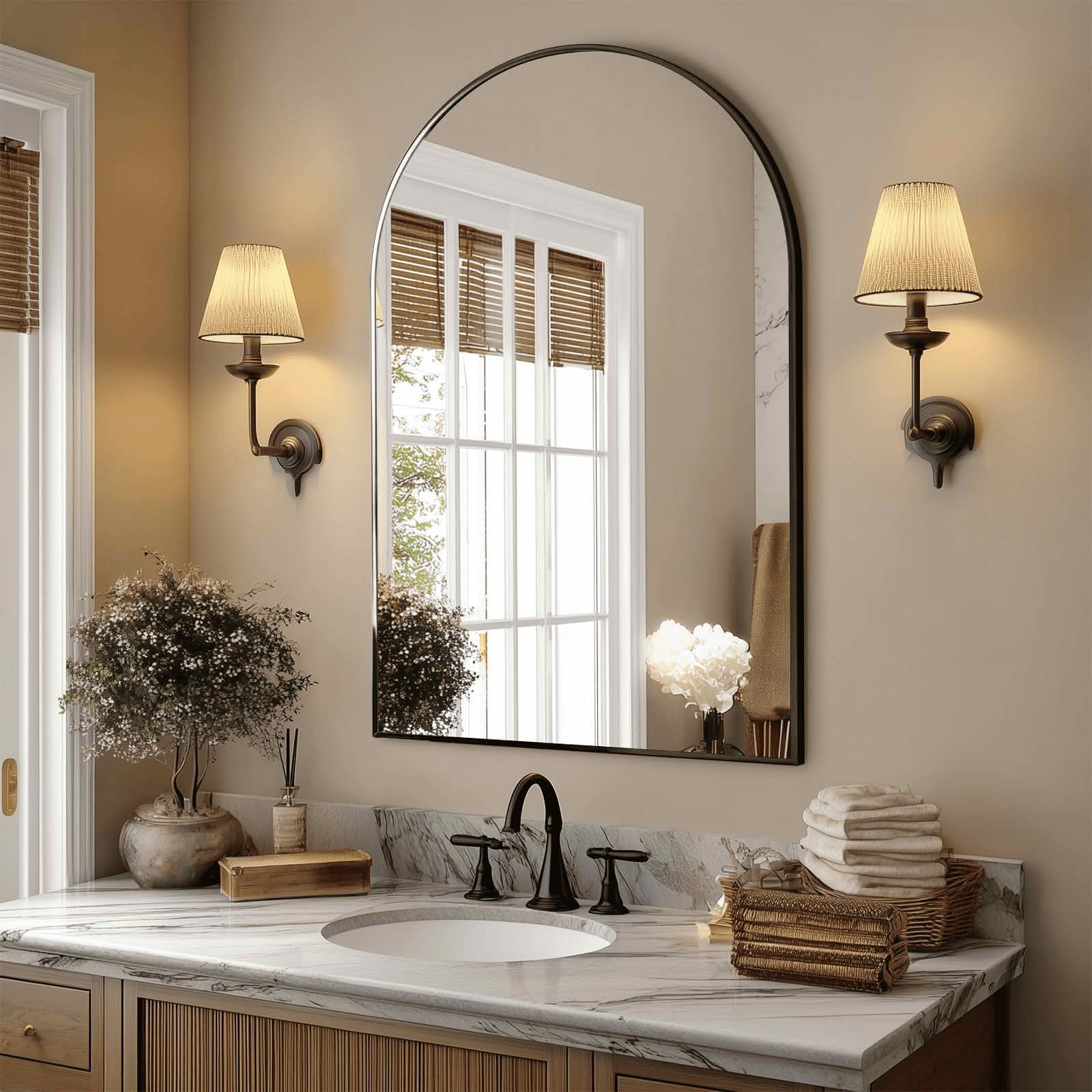 MAYEERTY 26"x38" Arched Bathroom Wall Mirror, Metal Frame, Bedroom Entryway Living Room，Black