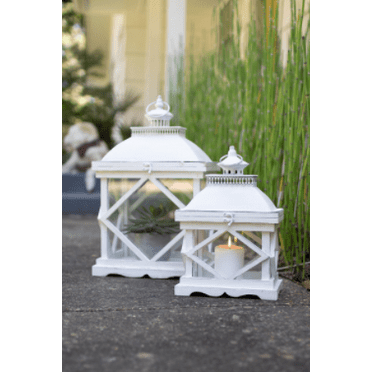 KALALOU CJS1170 Set of Two Rustic White Wooden Lanterns