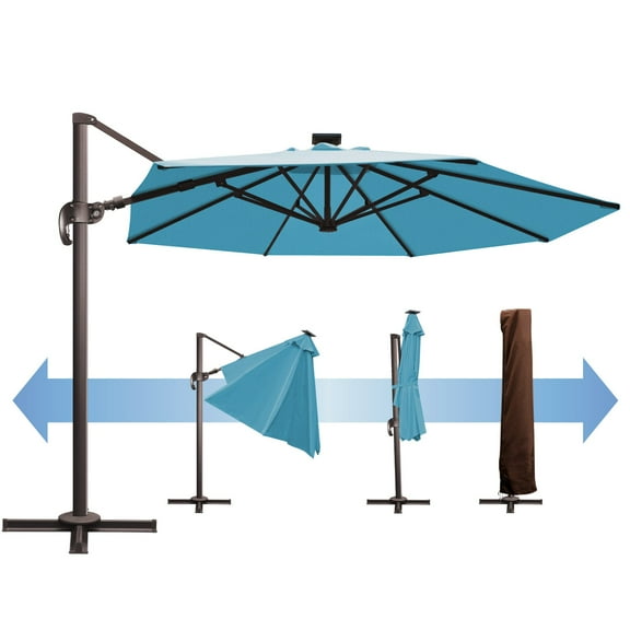 SUNNYOUTDOOR 11' Deluxe Cantilever Umbrella LED Lighted Umbrella Sunbrella Cover Patio Umbrella Garden Outdoor (Sky Blue)