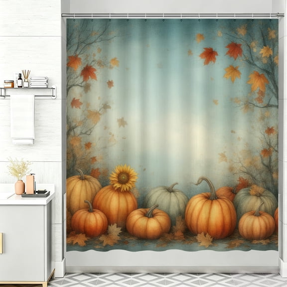 Autumn Shower Curtain A group of pumpkins sitting on top of a table 72" x 72" Standard Shower Curtain